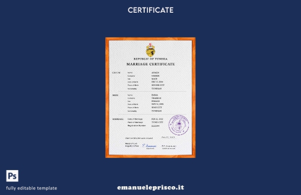 Modello PSD di certificato di matrimonio tunisino in stile verificato